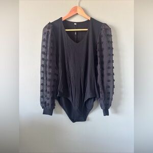 Nuoyanmei Black Long Sheer Dot Sleeve Bodysuit One Piece V Neck Small NWT